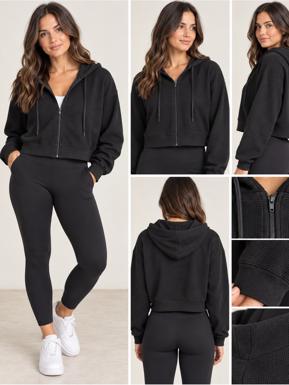 Halara Waffle Hooded Drawstring Zipper Cropped  Cotton Sports Sweatshirt NWT
